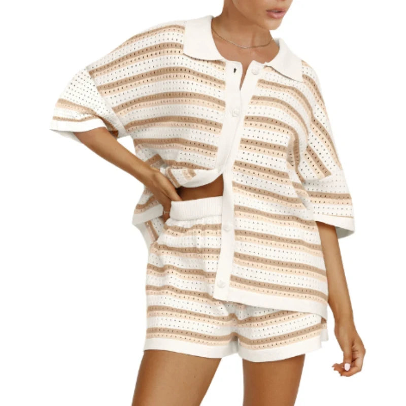 Hollow Striped Knit Cardigan Short Set