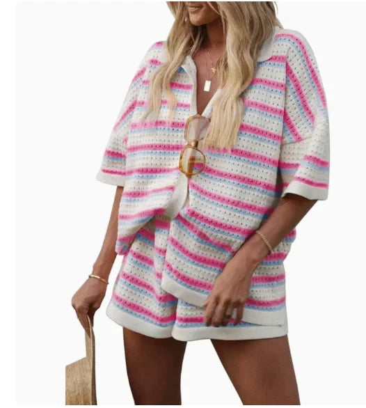 Hollow Striped Knit Cardigan Short Set