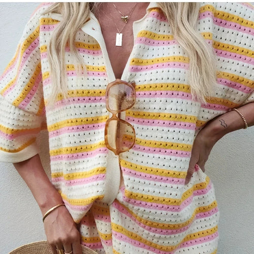 Hollow Striped Knit Cardigan Short Set