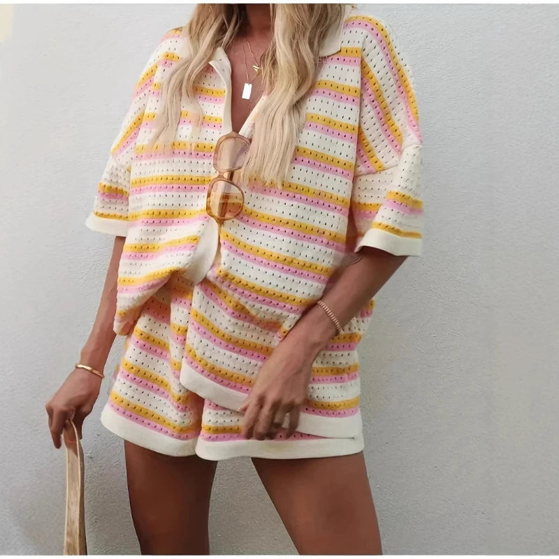 Hollow Striped Knit Cardigan Short Set
